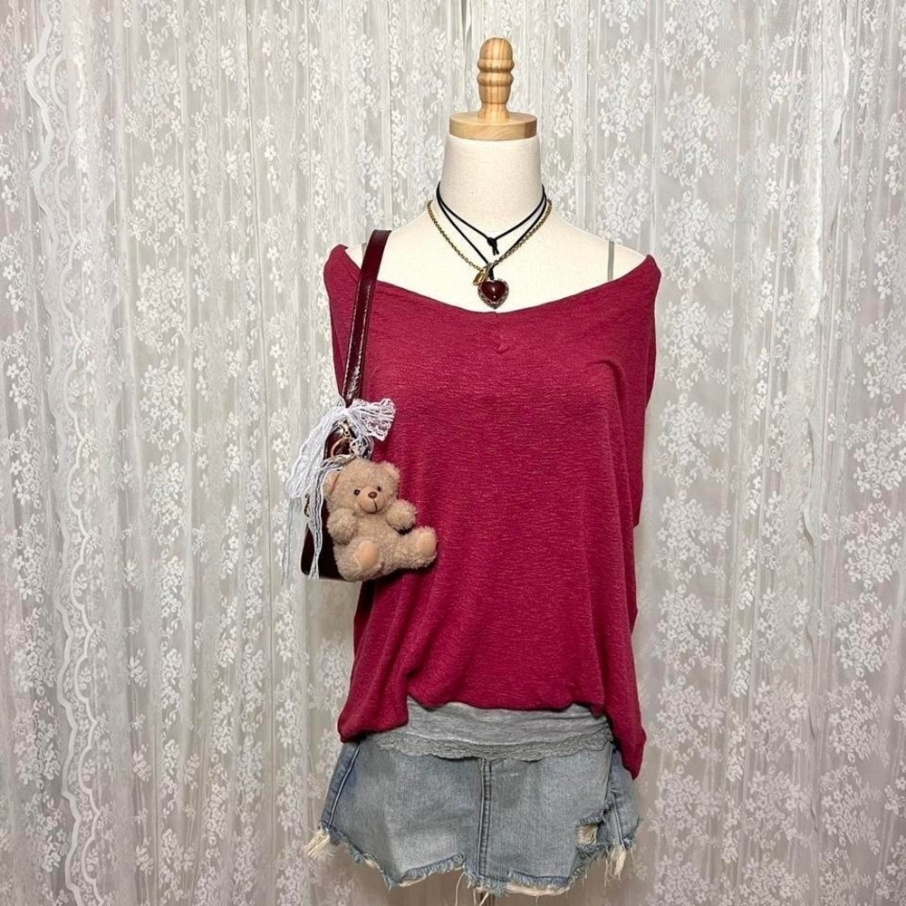 Anthropologie Red Tunic Top Size Small Akemi + Kin Off Shoulder Oversized Boho